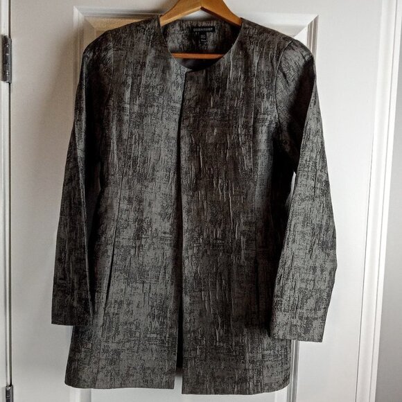 Eileen Fisher Grey Cotton Silk Jacquard Long Open Collarless Blazer - Picture 1 of 5